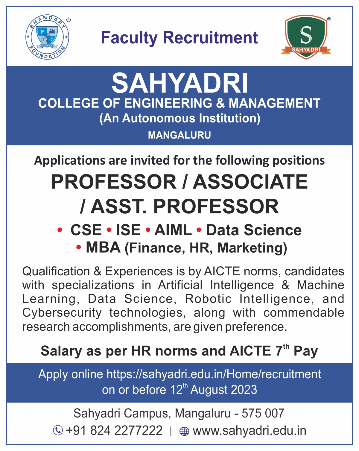 Sahyadri Recruitment - 2022-23